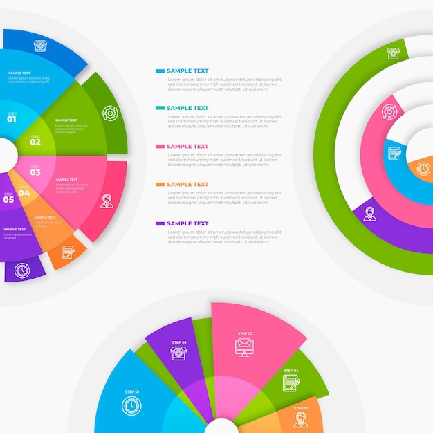 Gratis vector kleurovergang radiale infographic collectie