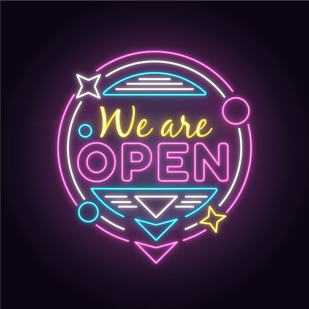 Kleurrijk neon 'we are open' bord