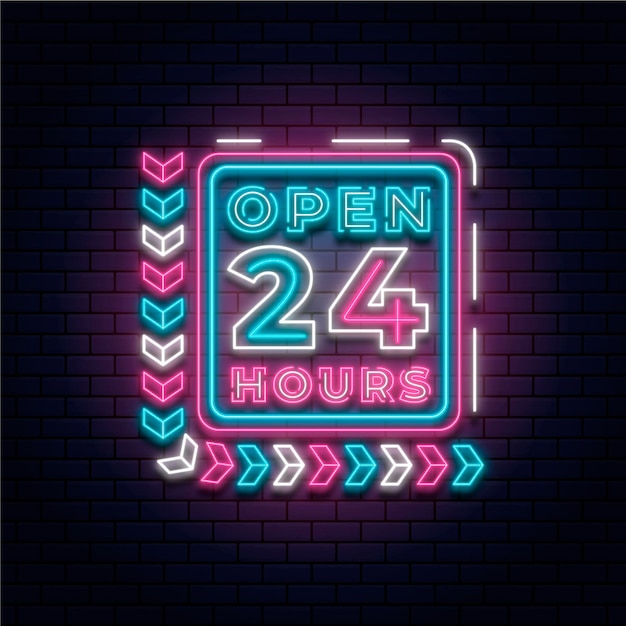 Gratis vector kleurrijk open 24 uur neonreclame