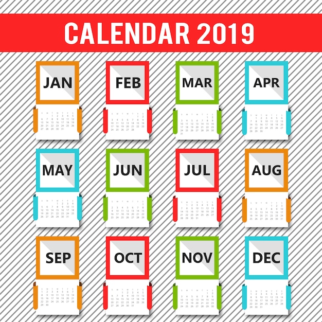 Gratis vector kleurrijk vector 2019 kalenderontwerp