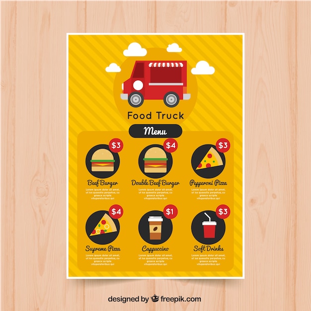 Gratis vector kleurrijk voedsel truck menu met plat ontwerp