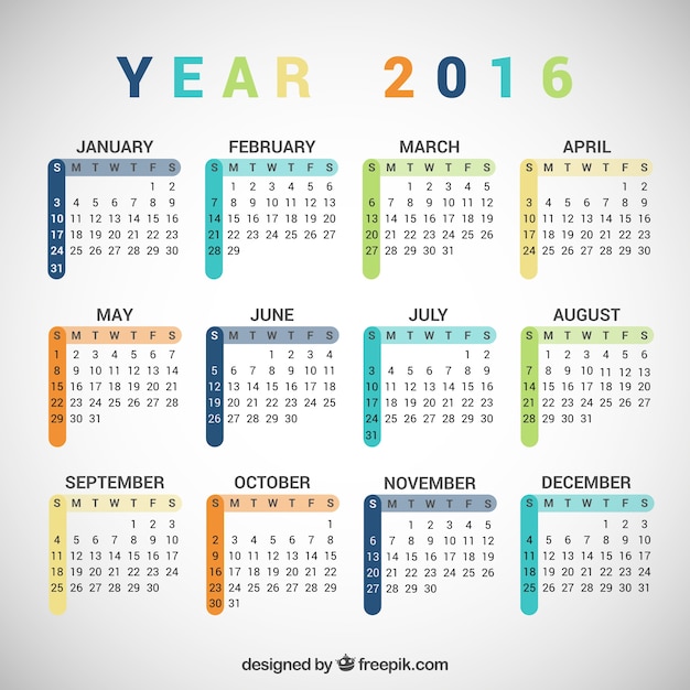 Gratis vector kleurrijke 2016 kalender