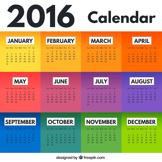 Gratis vector kleurrijke 2016 kalender