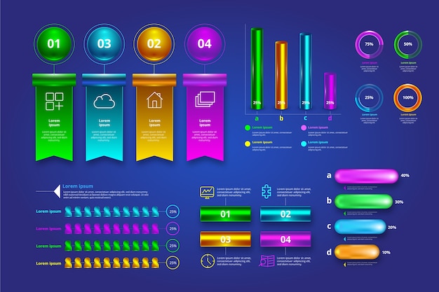 Gratis vector kleurrijke 3d glanzende infographic pack