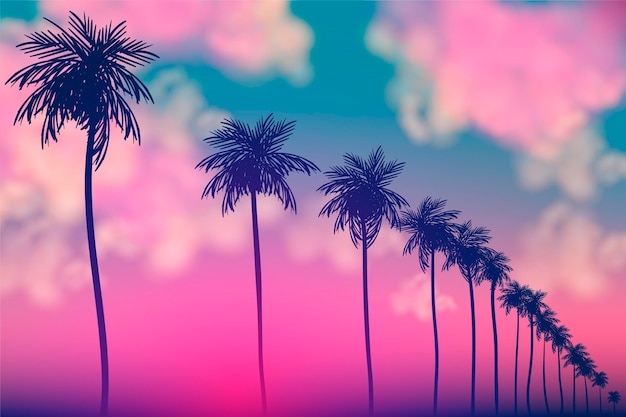 Kleurrijke achtergrond met het ontwerp van palmsilhouetten