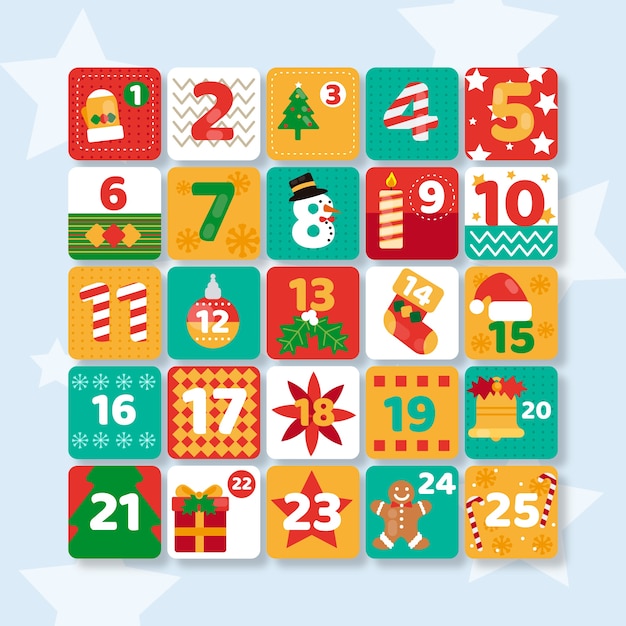 Kleurrijke adventskalender in plat ontwerp