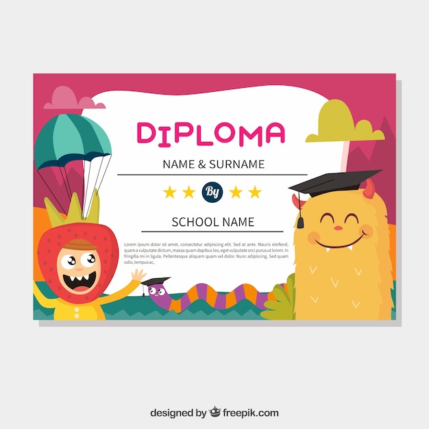 Gratis vector kleurrijke afstuderen certificaat met glimlachen monster en grappige jongen