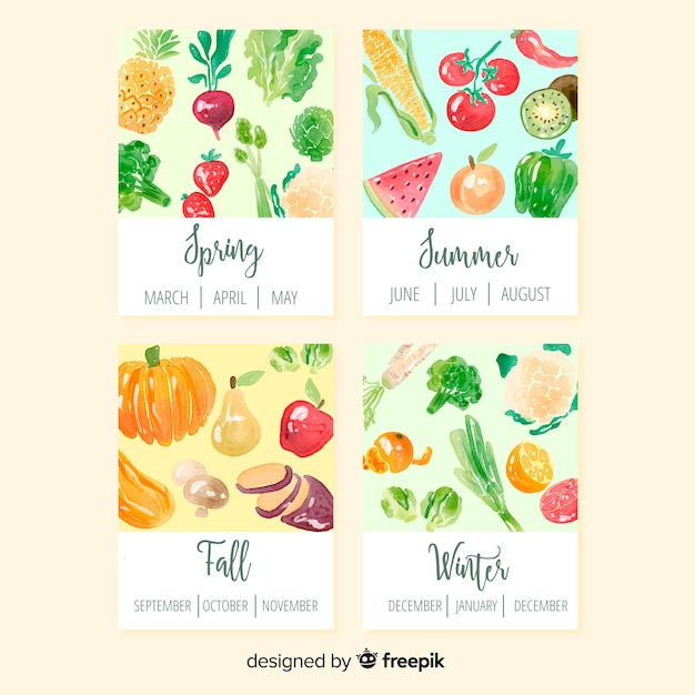 Kleurrijke aquarel kalender van seizoensgebonden groenten en fruit