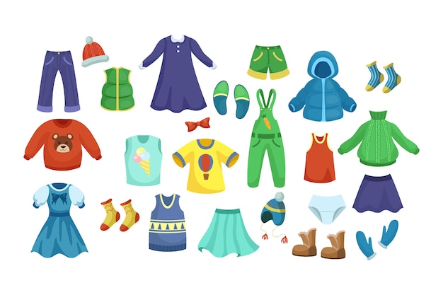 Kleurrijke babykleding voor jongen en meisje cartoon afbeelding set. handgetekende broek, jurken, blouses, accessoires, sokken, winterjas en pet op witte achtergrond. kindergarderobe, modeconcept