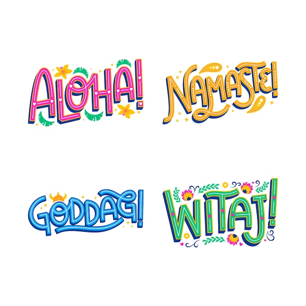 Gratis vector kleurrijke belettering groet stickerset