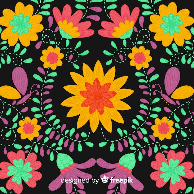 Kleurrijke borduurwerk Mexicaanse bloemenachtergrond