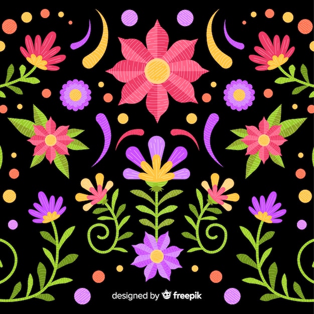 Gratis vector kleurrijke borduurwerk mexicaanse bloemenachtergrond