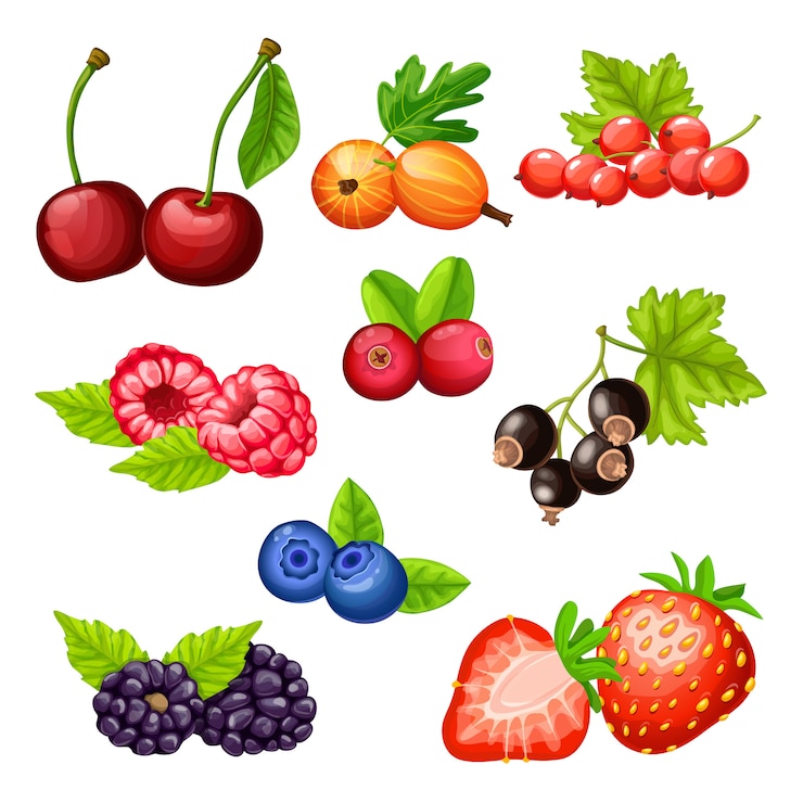 Gratis Vector kleurrijke cartoon bessen iconen collectie