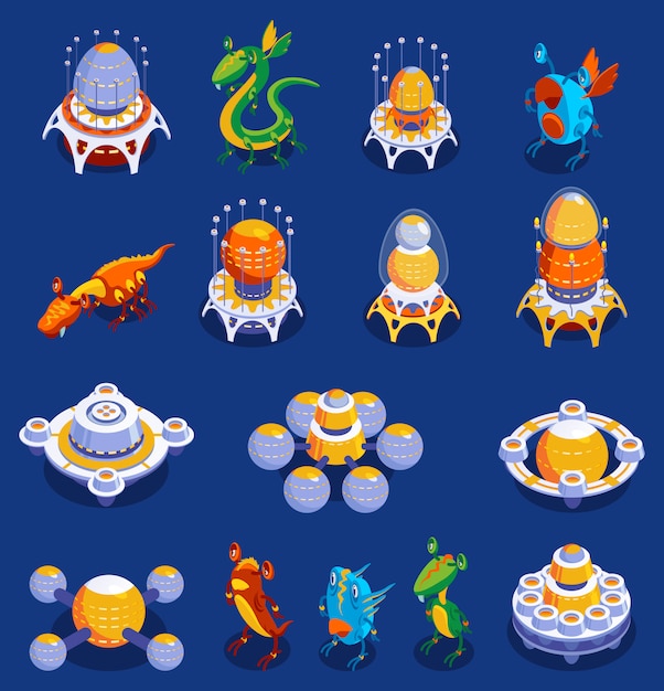 Kleurrijke cartoon set van schattige monster en buitenaardse wezens en interplanetaire vliegtuigen voor kid games geïsoleerde illustratie