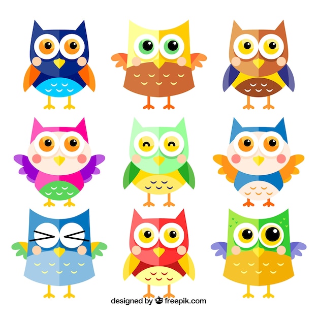 Gratis vector kleurrijke cartoon uil set van negen