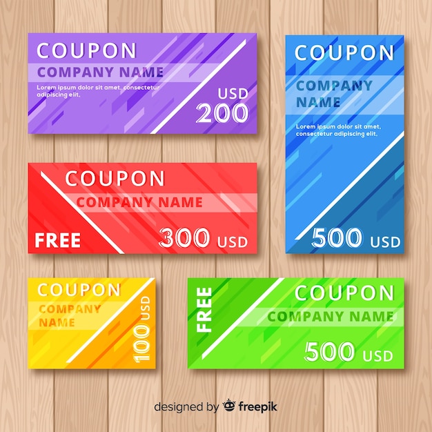 Gratis vector kleurrijke coupon sjabloon met platte ontwerp