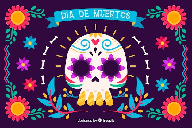 Kleurrijke dia de muertos achtergrond in plat ontwerp