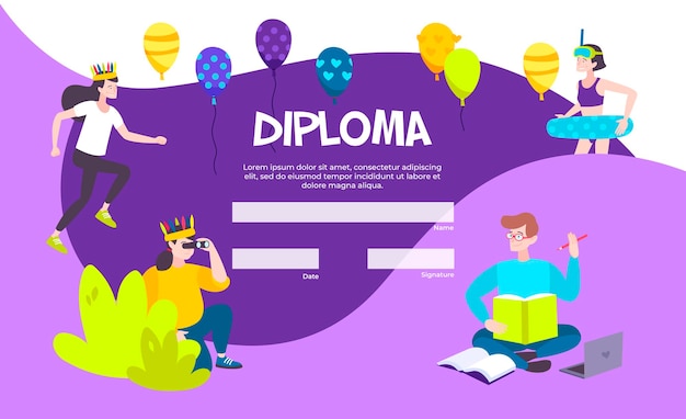 Kleurrijke diplomasjabloon met lege tekstballonnen illustratie