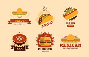 Kleurrijke fastfood platte logo set. fast-food café met taco, hotdog, hamburger, burrito's en bbq-vector illustratie-collectie. voedselbezorging en voedingsconcept