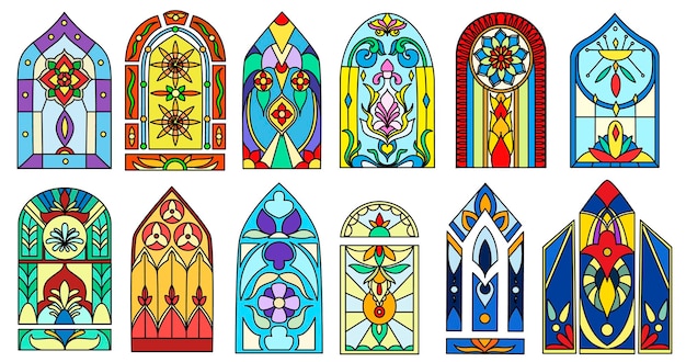 Gratis vector kleurrijke gebrandschilderde ramen van vintage kerkgebouwen