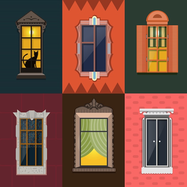 Gratis vector kleurrijke gedetailleerde nacht windows-collectie