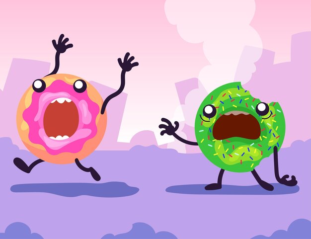 Kleurrijke geglazuurde donuts rennen in paniek weg. Cartoon afbeelding
