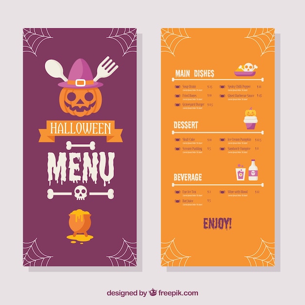 Kleurrijke halloween menu met plat ontwerp