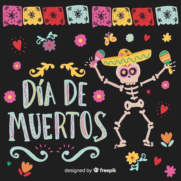 Kleurrijke hand getekende día de muertos achtergrond