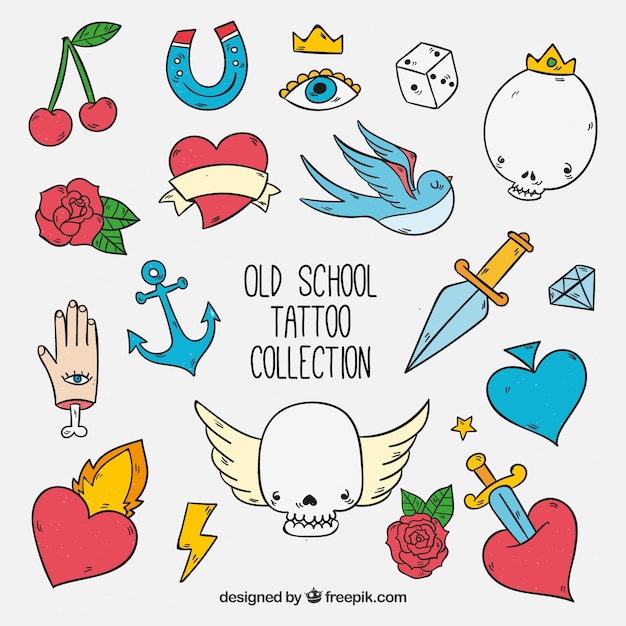 Kleurrijke hand getekende grappige oude school tattoo collectie