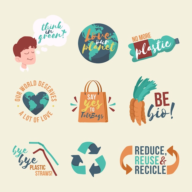 Gratis vector kleurrijke hand getrokken ecologie badges