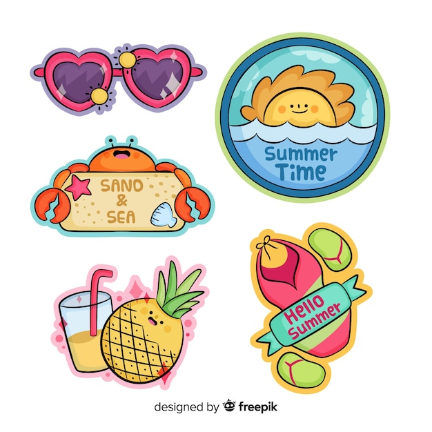 Gratis vector kleurrijke hand getrokken zomer sticker collectie