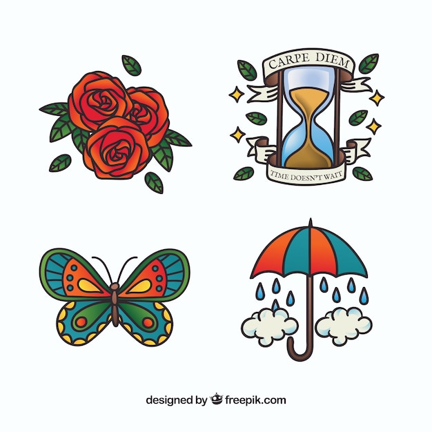 Gratis vector kleurrijke handgetekende oude school tattoo collectie