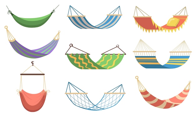 Kleurrijke hangmatten van verschillende typen platte set voor webdesign. Cartoon hangmatten om te ontspannen, swingen, slapen, rusten op strand vector illustratie collectie. Recreatie en zomervakantie concept