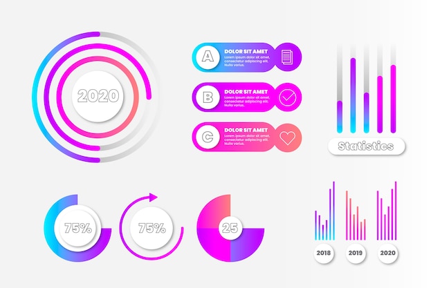 Kleurrijke infographic elementenverzameling en gradiëntgrafieken