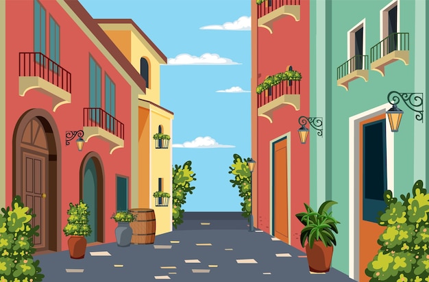 Gratis vector kleurrijke mediterrane steeg illustratie