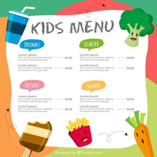 Gratis vector kleurrijke menu voor kinderen