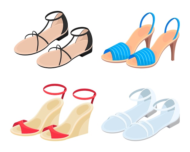 Kleurrijke mode vrouwelijke schoenen cartoon afbeelding instellen. open zomer womens hakken en sandalen op witte achtergrond. schoeisel, vrouwelijkheid, glamour, winkelconcept