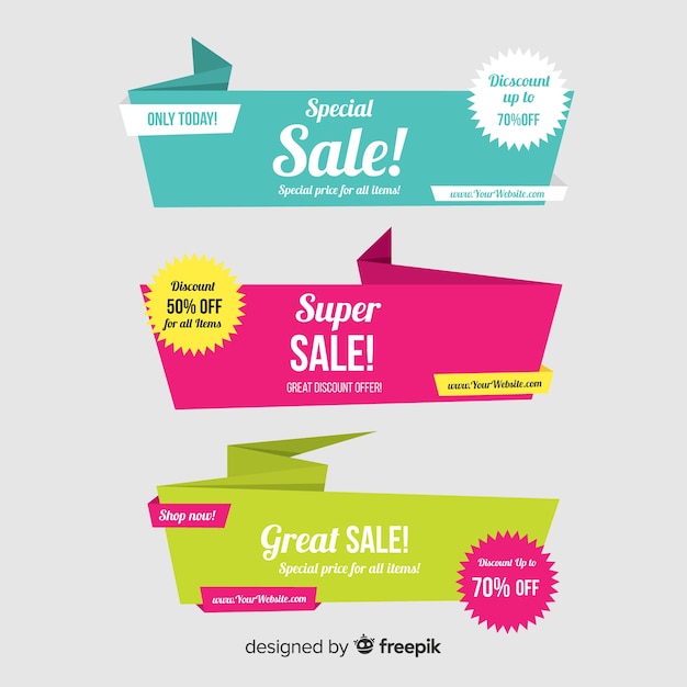 Gratis vector kleurrijke origami verkoop banners