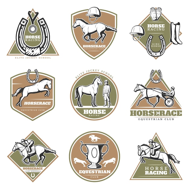 Kleurrijke paardensport logo's set