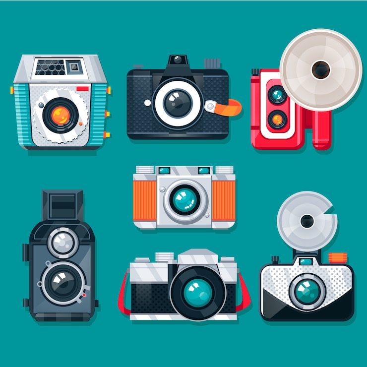 Gratis Vector kleurrijke platontwerp vintage camera's collectio