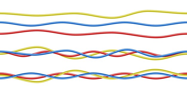 Gratis vector kleurrijke realistische rode, blauwe en gele elektriciteitskabels geïsoleerd op wit