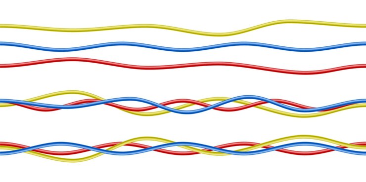 Gratis Vector kleurrijke realistische rode, blauwe en gele elektriciteitskabels geïsoleerd op wit
