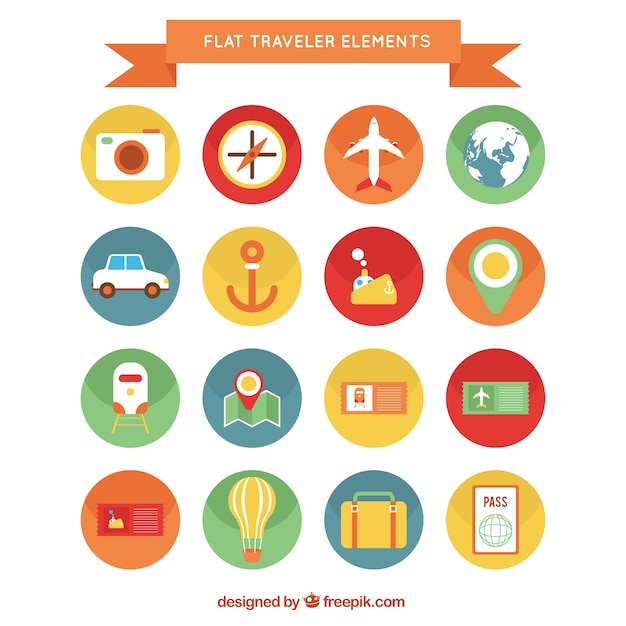 Gratis vector kleurrijke reiziger elementen icons pack