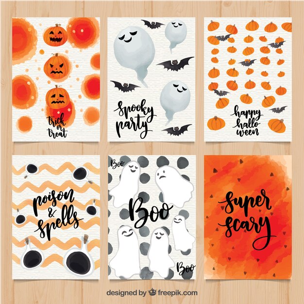 Kleurrijke set aquarel halloween kaarten