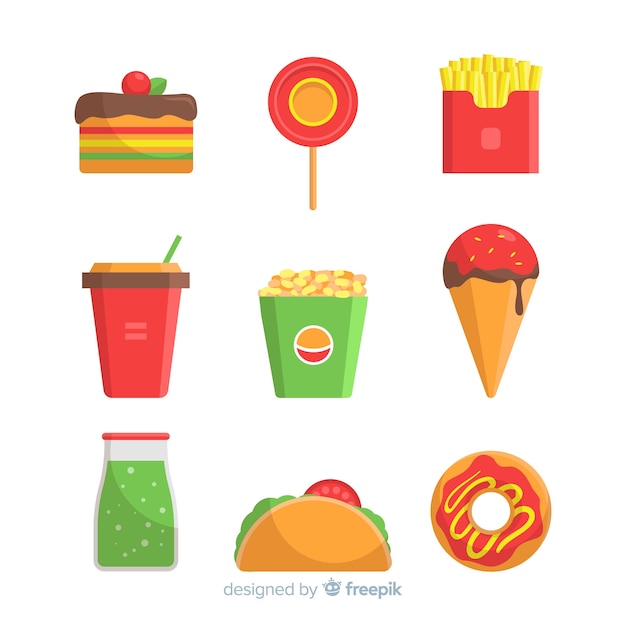 Gratis vector kleurrijke snackcollectie met plat ontwerp