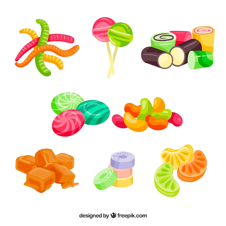 Gratis Vector kleurrijke snoepjes collectie in de hand getrokken stijl