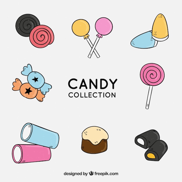 Gratis vector kleurrijke snoepjes collectie in de hand getrokken stijl