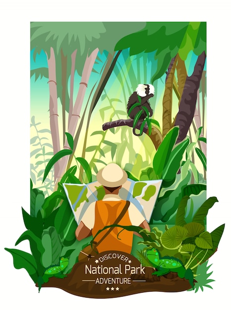 Gratis vector kleurrijke tropische boslandschap poster
