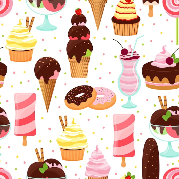 Gratis vector kleurrijke vector ijs en snoep naadloze achtergrondpatroon met ijshoorntjes sundae en parfait desserts donuts cake met kersen cupcakes en milkshake in vierkant formaat