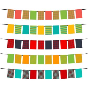 Kleurrijke vlaggen en slingerslingers voor decoratie. decorelementen met verschillende patronen. vector illustratie